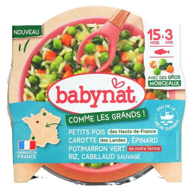 Babynat petits poids carotte épinard potimarron riz cabillaud 15 mois à 3 ans 200g