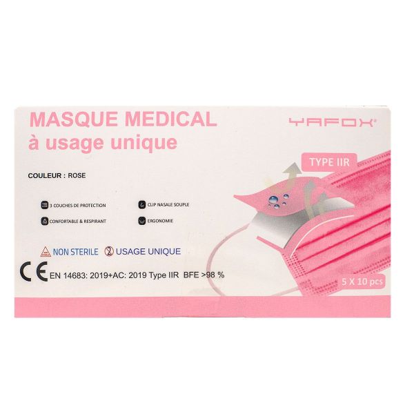 50 masques médicaux usage unique type IIR rose