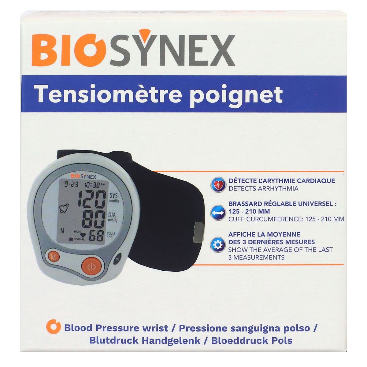 Tensiomètre poignet Exacto des Laboratoires Biosynex permet de mesurer la  tension artérielle.