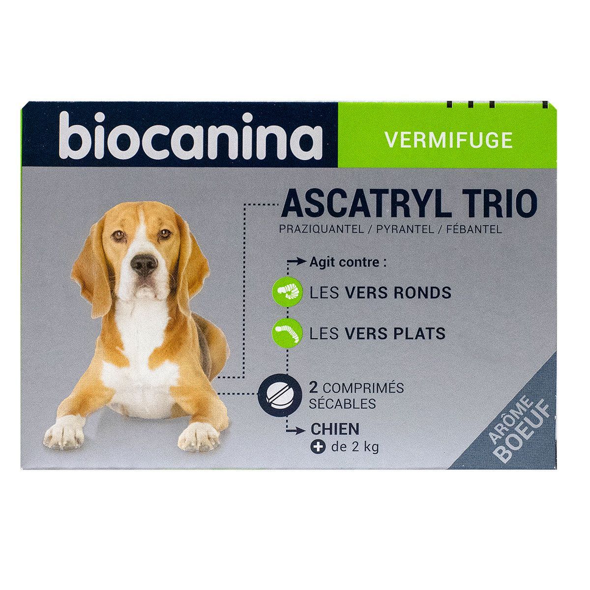 Ascatryl trio vermifuge petit chien 2 comprimés bœuf est un vermifuge actif  sur tous les vers.