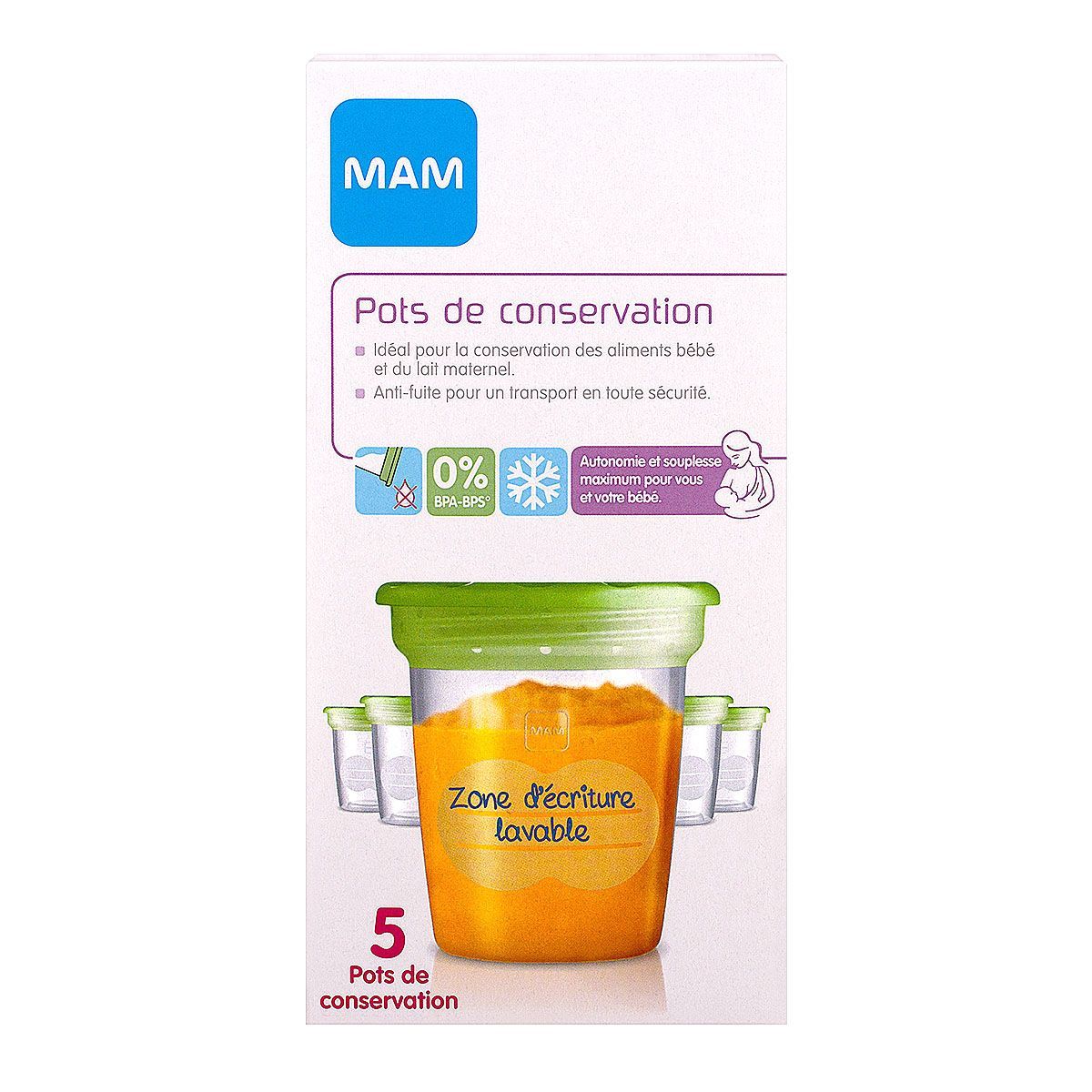 MAM | Pots de conservation – Lot de 5 pots de conservation (5 x 120 ml) –  Récipients pour lait maternel et aliments bébé avec couvercle hermétique