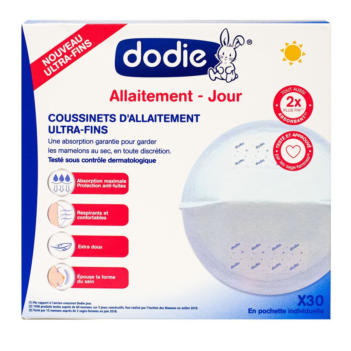 Les coussinets d'allaitement jour Dodie absorbent les pertes de lait pour  garder les mamelons au sec