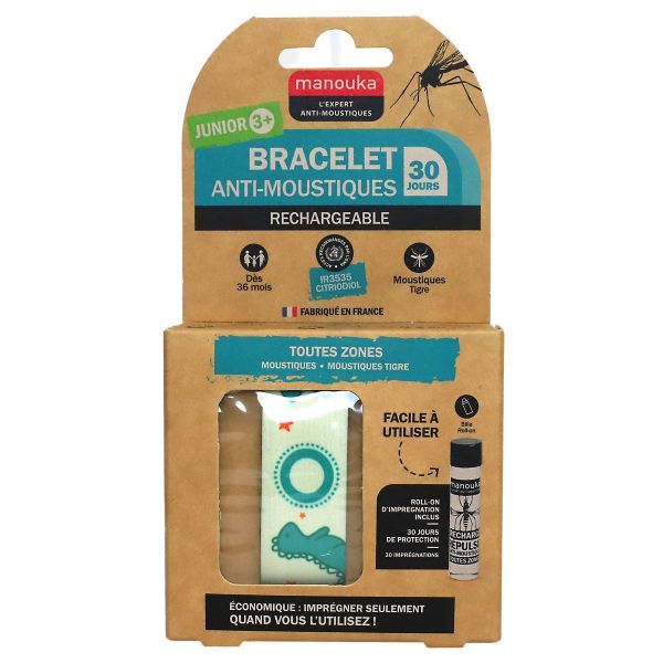 Bracelet anti-moustiques Junior +3ans et  recharge 6ml Dinosaure