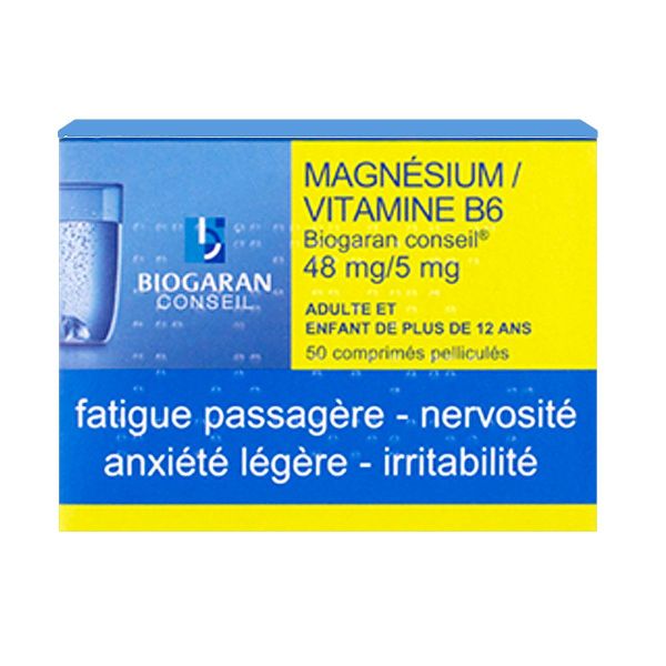 Le magnésium / vitamine B6 48 mg / 5 mg Biogaran Conseil est un médicament indiqué chez l'adulte.