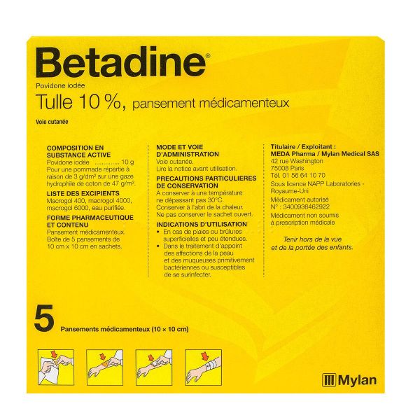 Betadine tulle 10% 5 pansements - 10x10cm