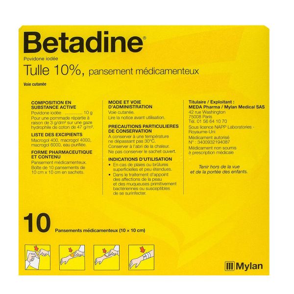 Betadine tulle 10% 10 pansements - 10x10cm