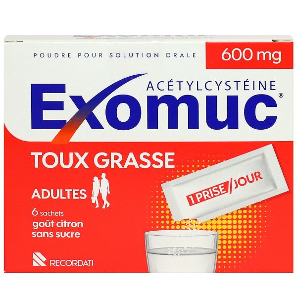 Exomuc Acetylcysteine toux grasse adulte goût citron sans sucre 6 sachets