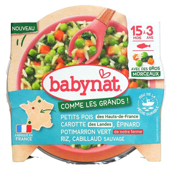 Babynat petits poids carotte épinard potimarron riz cabillaud 15 mois à 3 ans 200g