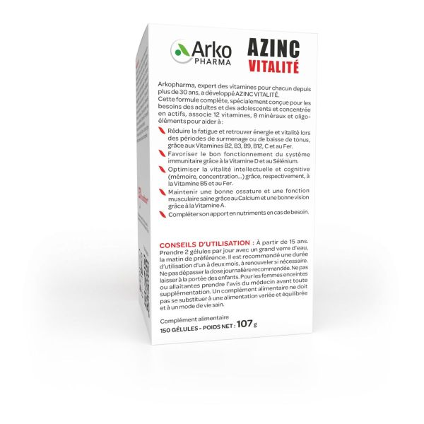 Azinc vitalité XL 12 vitamines 8 minéraux 150 gélules